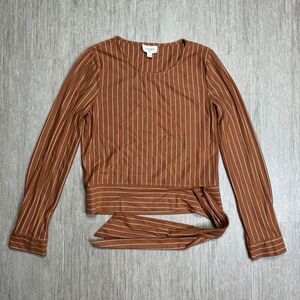 Everly Womens Top Shirt Long Sleeve Pin Stripe S Waist Tie Boho Flowy Light Brwn